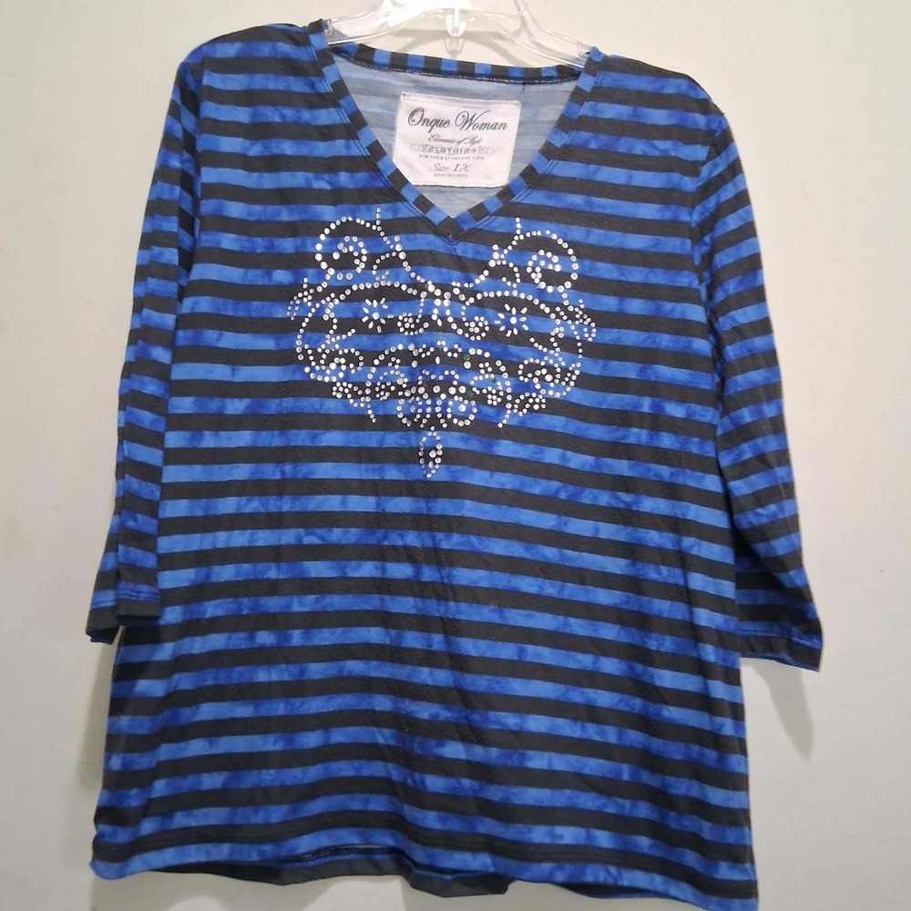 Onque Woman Blue Black Striped Rhinestone Heart V-Neck 3/4 Sleeve Top Plus 1X